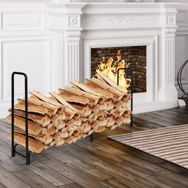 8 Feet Outdoor Steel Firewood Log Rack - Black - Log Storage