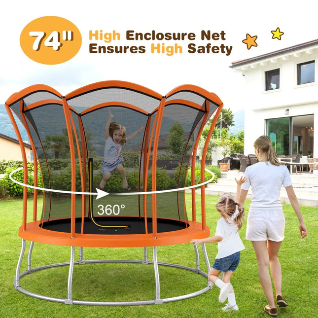 8 Feet Outdoor Unique Flower Shape Trampoline with Enclosure Net-Orange - Orange - Trampolines