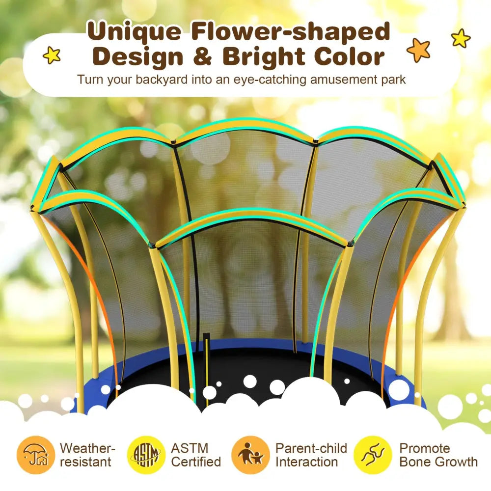 8 Feet Outdoor Unique Flower Shape Trampoline with Enclosure Net-Yellow - Yellow - Trampolines