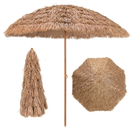 8 Feet Patio Thatched Tiki Umbrella Hawaiian Hula Beach Umbrella - Natural - Outdoor Umbrellas
