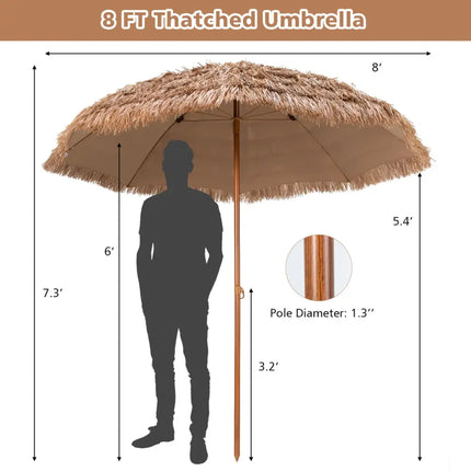 8 Feet Patio Thatched Tiki Umbrella Hawaiian Hula Beach Umbrella - Natural - Outdoor Umbrellas
