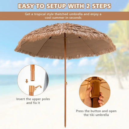 8 Feet Patio Thatched Tiki Umbrella Hawaiian Hula Beach Umbrella - Natural - Outdoor Umbrellas