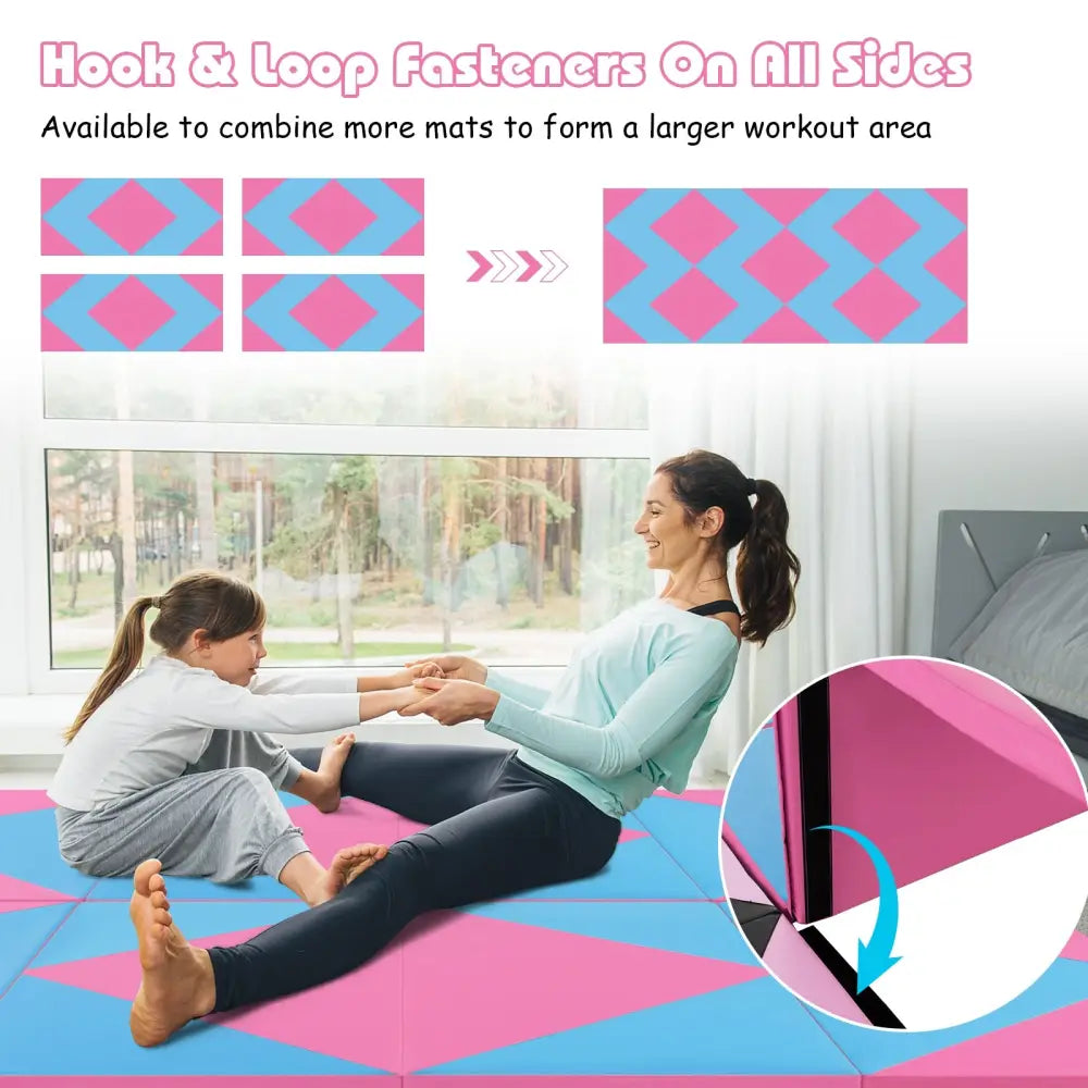 8 Feet PU Leather Folding Gymnastics Mat with Hook and Loop Fasteners-Pink & Blue - Pink & Blue - Yoga & Gym Mats