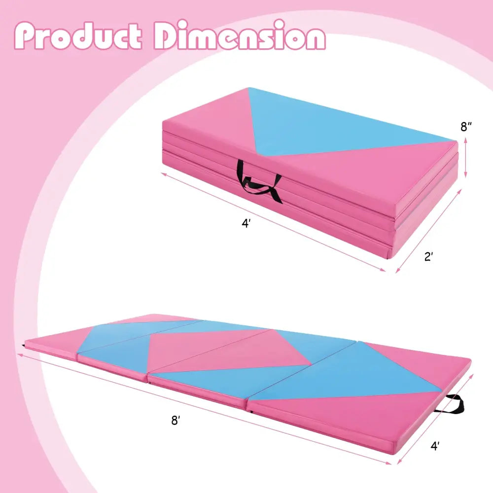 8 Feet PU Leather Folding Gymnastics Mat with Hook and Loop Fasteners-Pink & Blue - Pink & Blue - Yoga & Gym Mats