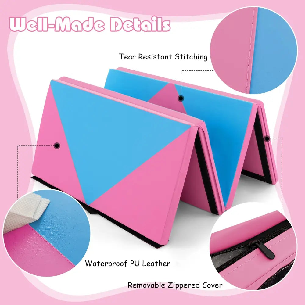8 Feet PU Leather Folding Gymnastics Mat with Hook and Loop Fasteners-Pink & Blue - Pink & Blue - Yoga & Gym Mats