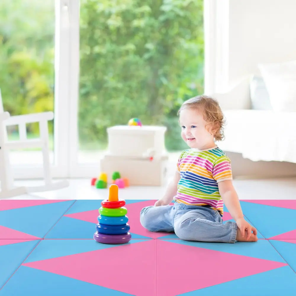 8 Feet PU Leather Folding Gymnastics Mat with Hook and Loop Fasteners-Pink & Blue - Pink & Blue - Yoga & Gym Mats