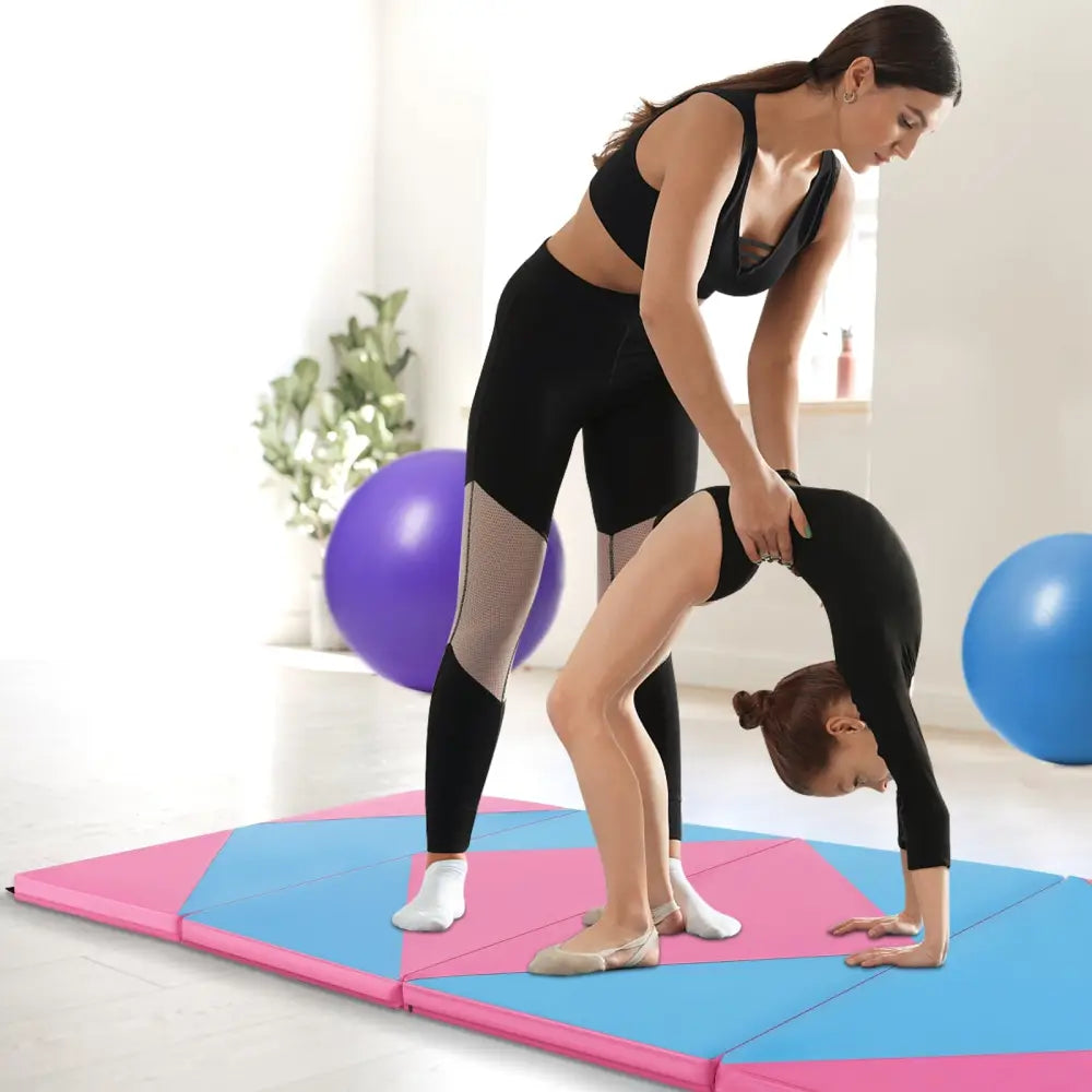 8 Feet PU Leather Folding Gymnastics Mat with Hook and Loop Fasteners-Pink & Blue - Pink & Blue - Yoga & Gym Mats