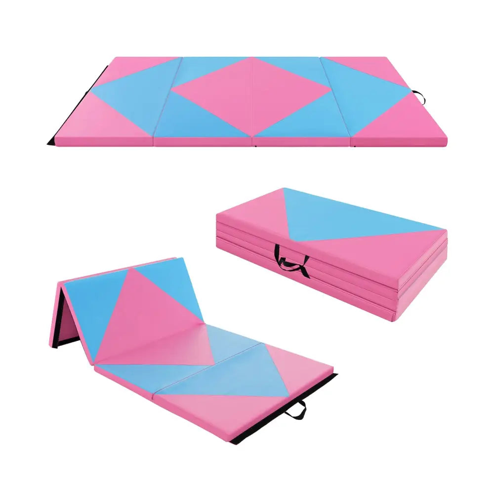 8 Feet PU Leather Folding Gymnastics Mat with Hook and Loop Fasteners-Pink & Blue - Pink & Blue - Yoga & Gym Mats