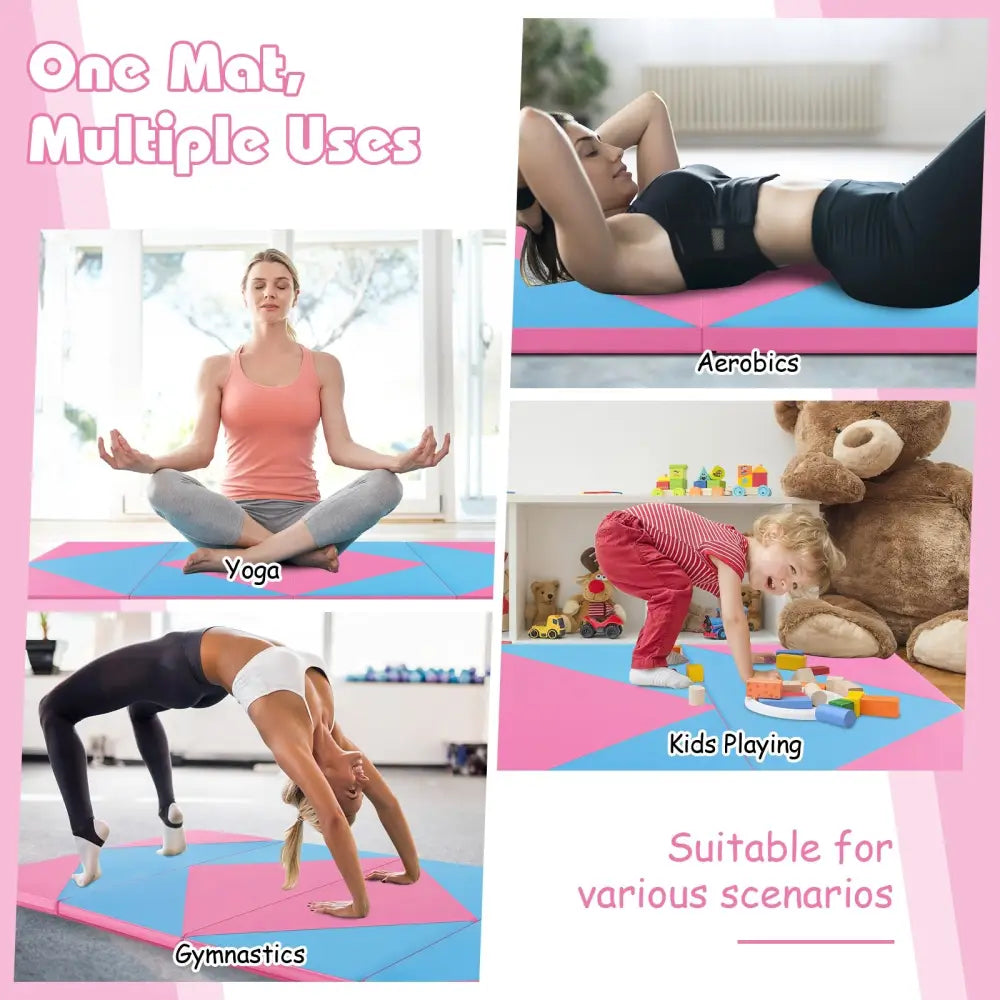 8 Feet PU Leather Folding Gymnastics Mat with Hook and Loop Fasteners-Pink & Blue - Pink & Blue - Yoga & Gym Mats