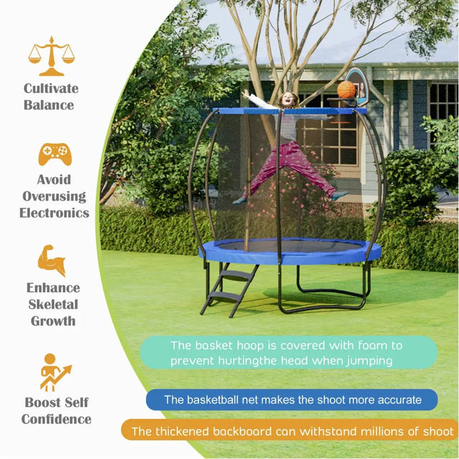 8 Feet Recreational Trampoline with Basketball Hoop and Net Ladder - Blue - Trampolines