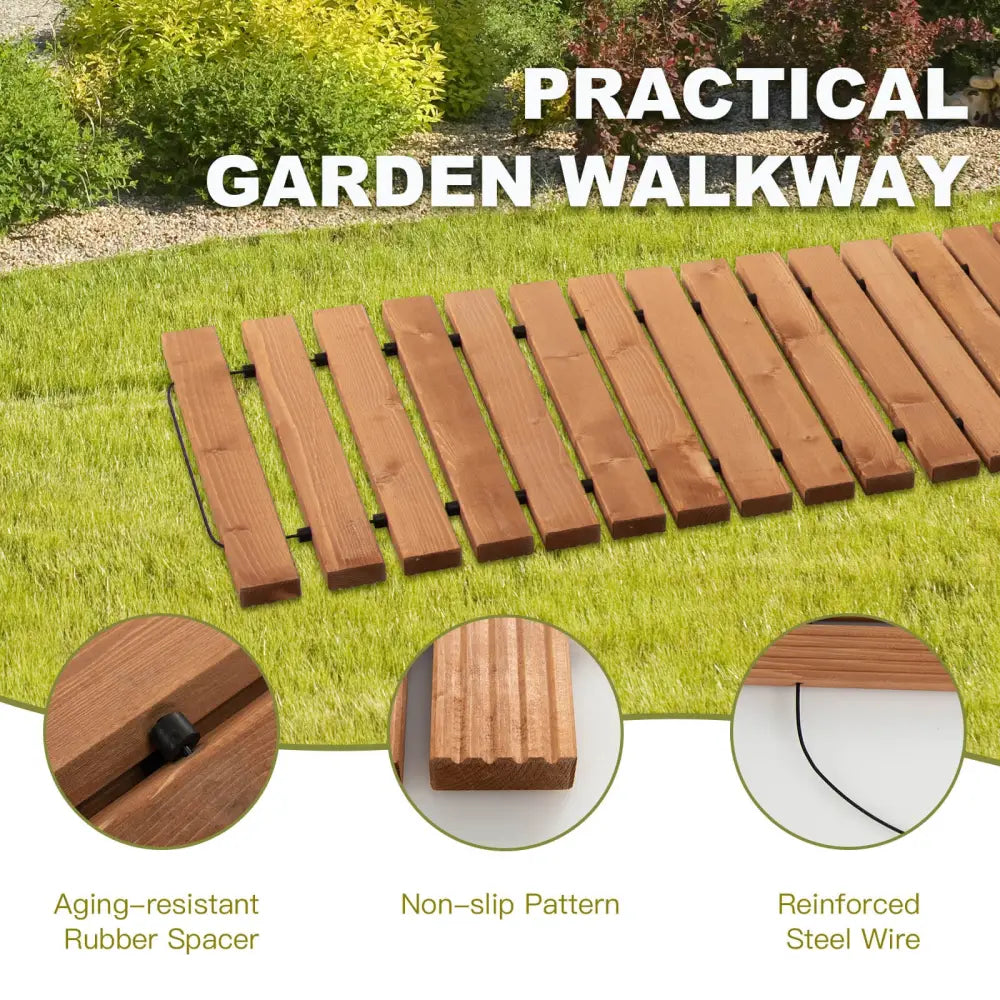8 Feet Roll-out Weather-Resistant Patio Hardwood Pathway-22 Inch - Brown - Garden Pathways
