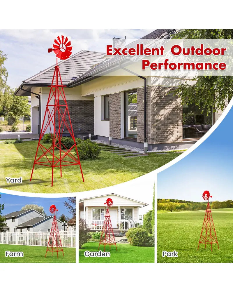 8 Feet Windmill Metal Ornamental Wind Wheel Weather Resistant-Red - Red - Outdoor Decor