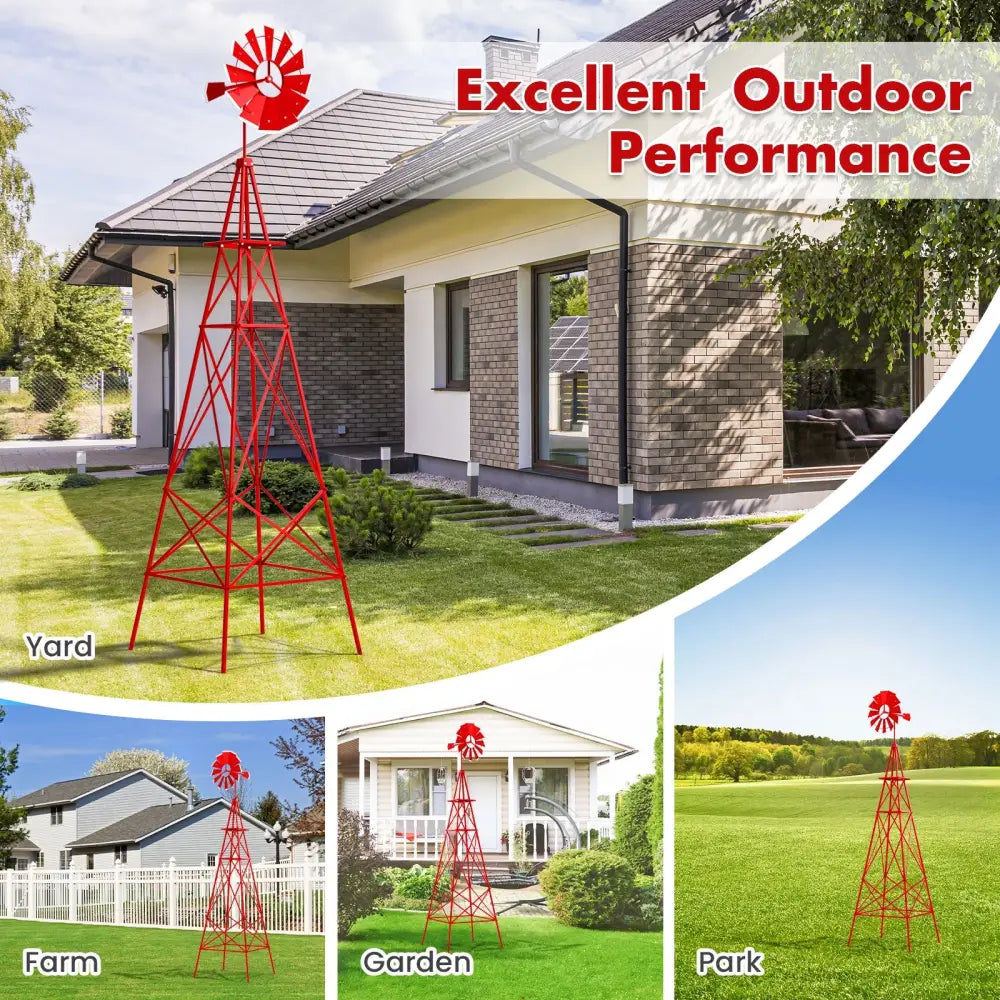 8 Feet Windmill Metal Ornamental Wind Wheel Weather Resistant-Red - Red - Outdoor Decor