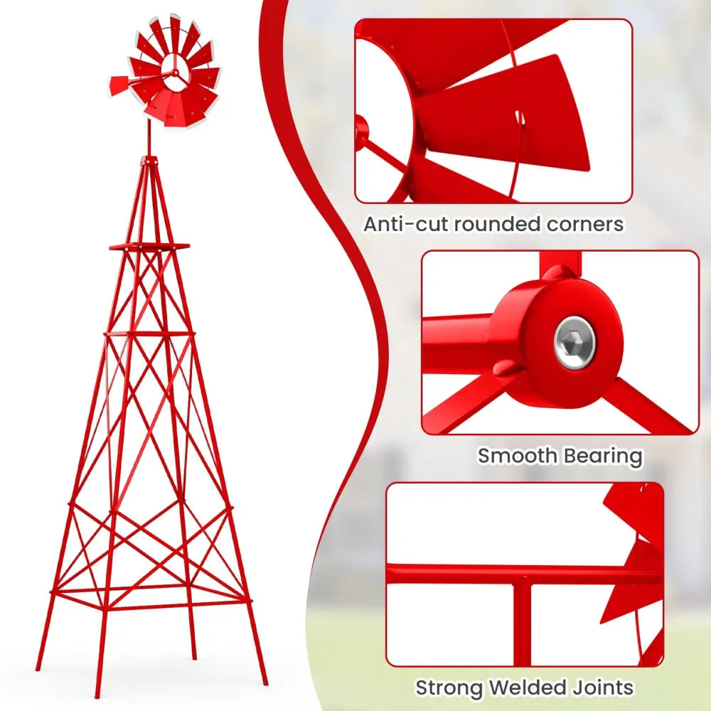 8 Feet Windmill Metal Ornamental Wind Wheel Weather Resistant-Red - Red - Outdoor Decor