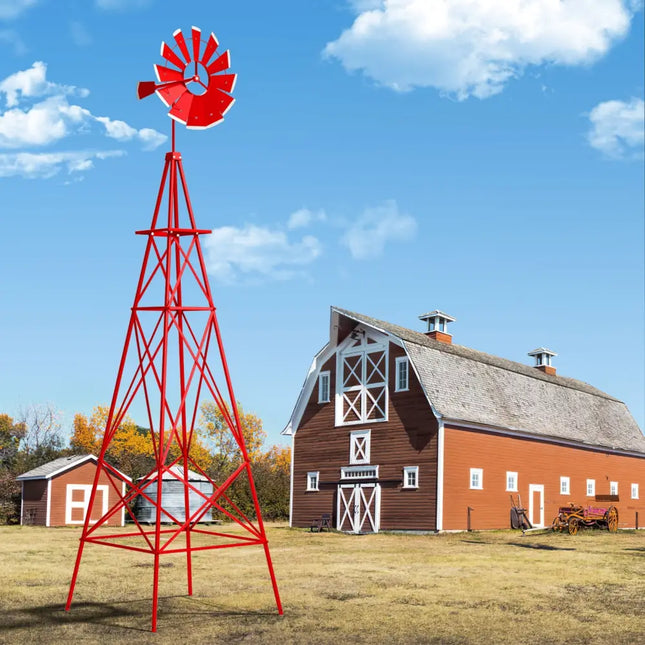 8 Feet Windmill Metal Ornamental Wind Wheel Weather Resistant-Red - Red - Outdoor Decor