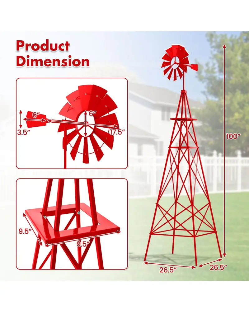 8 Feet Windmill Metal Ornamental Wind Wheel Weather Resistant-Red - Red - Outdoor Decor