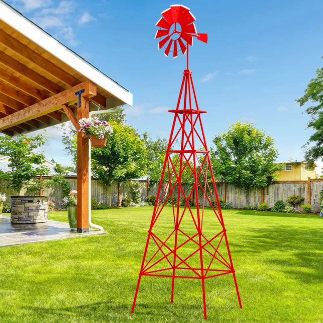 8 Feet Windmill Metal Ornamental Wind Wheel Weather Resistant-Red - Red - Outdoor Decor