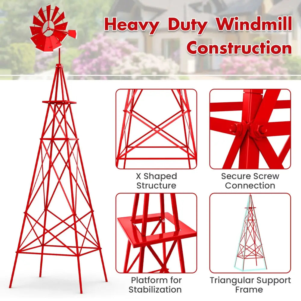 8 Feet Windmill Metal Ornamental Wind Wheel Weather Resistant-Red - Red - Outdoor Decor