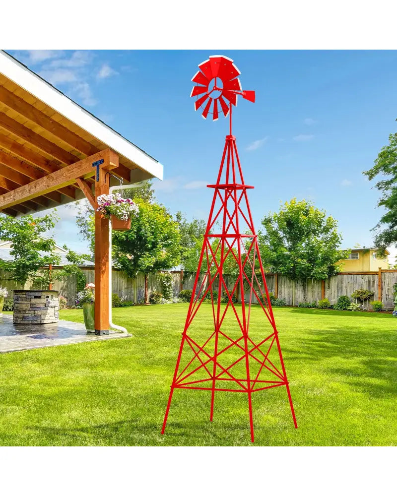 8 Feet Windmill Metal Ornamental Wind Wheel Weather Resistant-Red - Red - Outdoor Decor