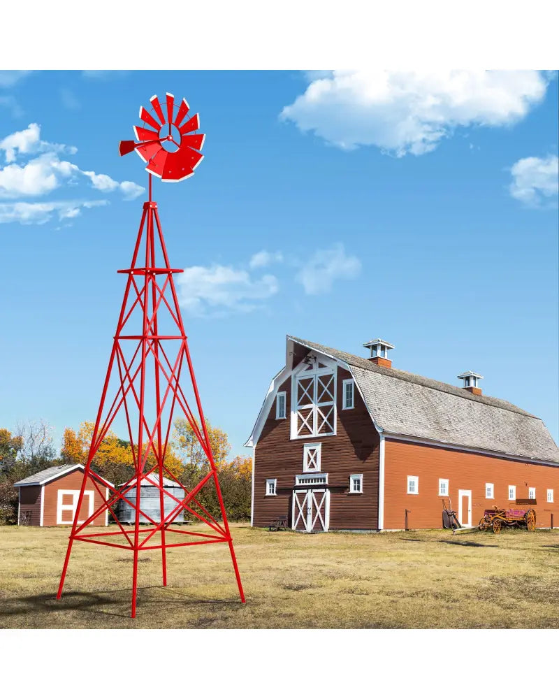 8 Feet Windmill Metal Ornamental Wind Wheel Weather Resistant-Red - Red - Outdoor Decor