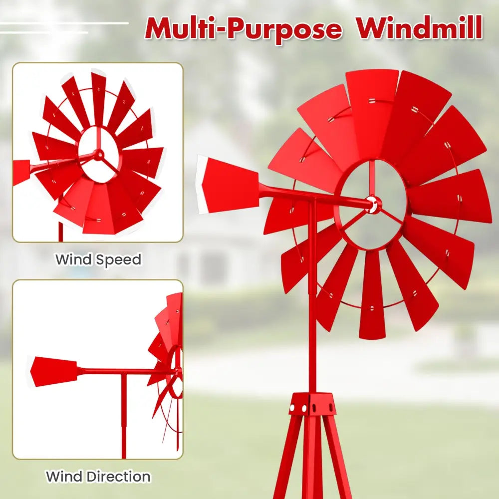 8 Feet Windmill Metal Ornamental Wind Wheel Weather Resistant-Red - Red - Outdoor Decor