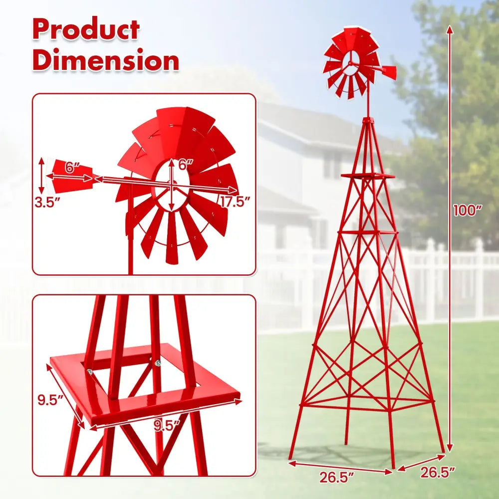 8 Feet Windmill Metal Ornamental Wind Wheel Weather Resistant-Red - Red - Outdoor Decor