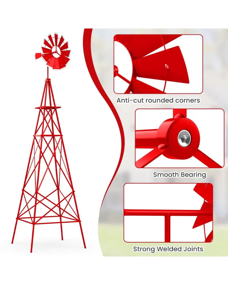 8 Feet Windmill Metal Ornamental Wind Wheel Weather Resistant-Red - Red - Outdoor Decor