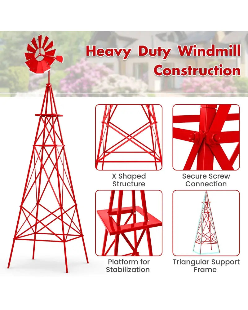 8 Feet Windmill Metal Ornamental Wind Wheel Weather Resistant-Red - Red - Outdoor Decor
