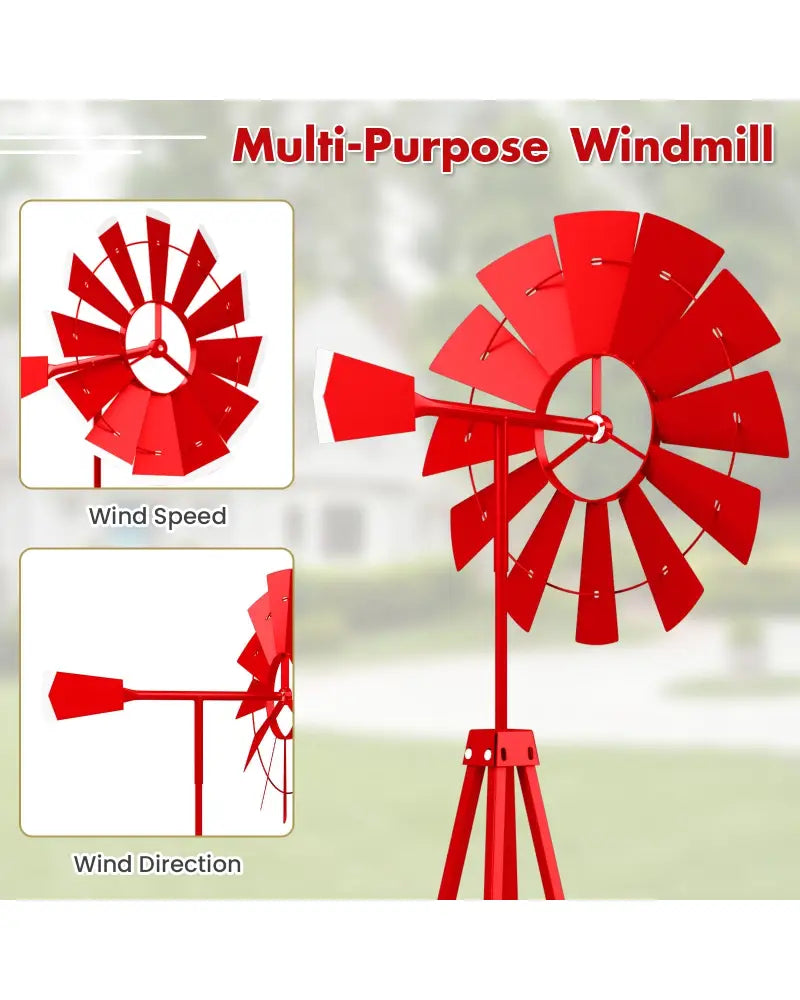 8 Feet Windmill Metal Ornamental Wind Wheel Weather Resistant-Red - Red - Outdoor Decor