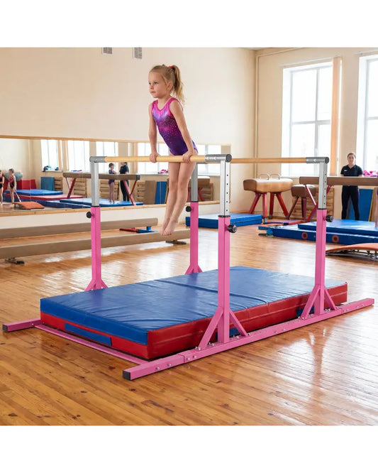 8 FT Double Horizontal Bars with 13-Level Adjustable Heights and 6-Level Adjustable Width-Pink - Pink - Yoga Accessories