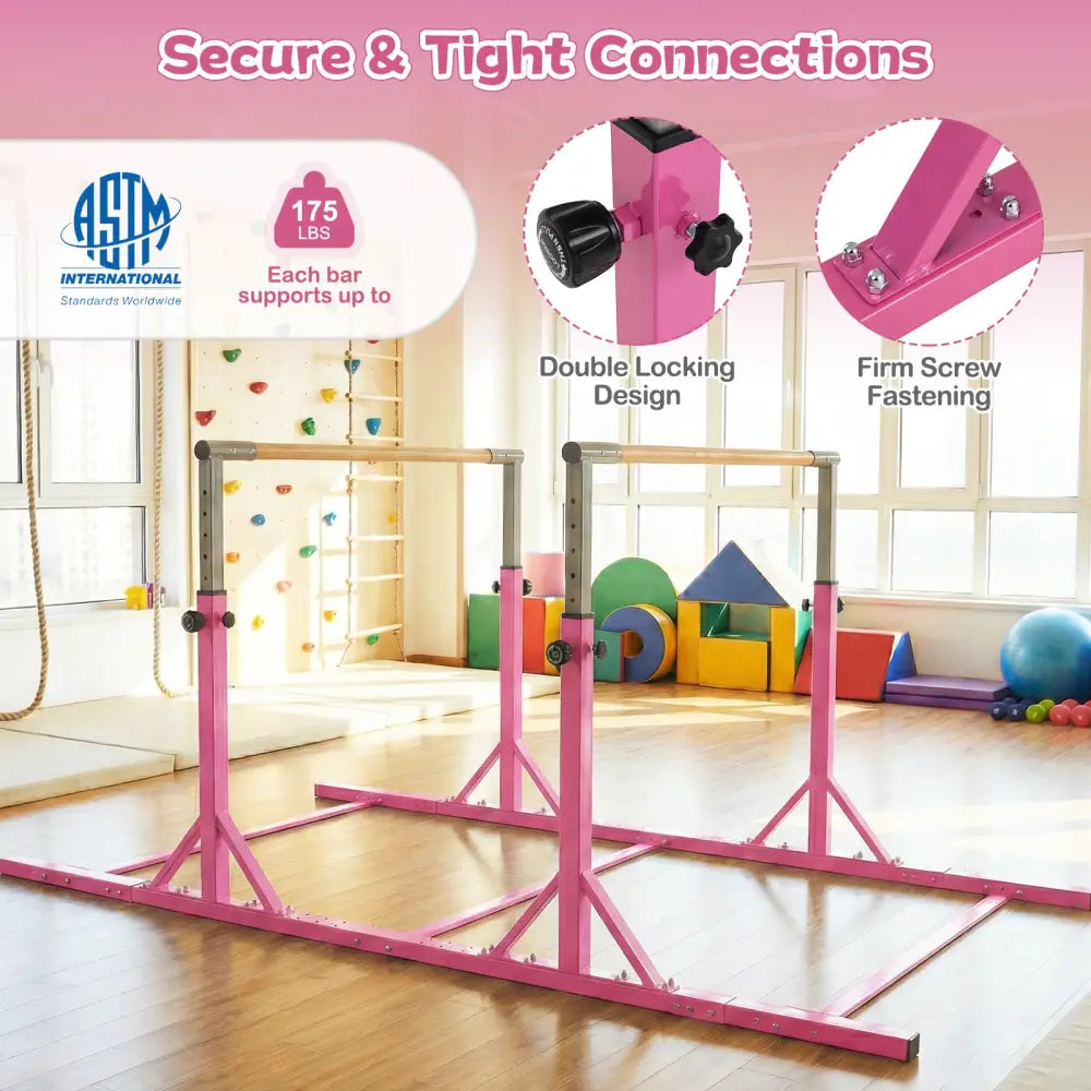 8 FT Double Horizontal Bars with 13-Level Adjustable Heights and 6-Level Adjustable Width-Pink - Pink - Yoga Accessories