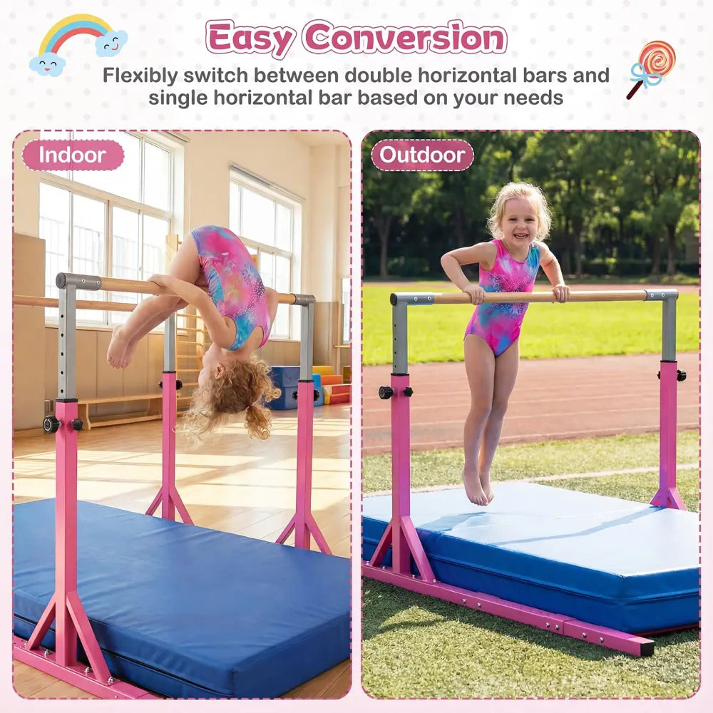 8 FT Double Horizontal Bars with 13-Level Adjustable Heights and 6-Level Adjustable Width-Pink - Pink - Yoga Accessories