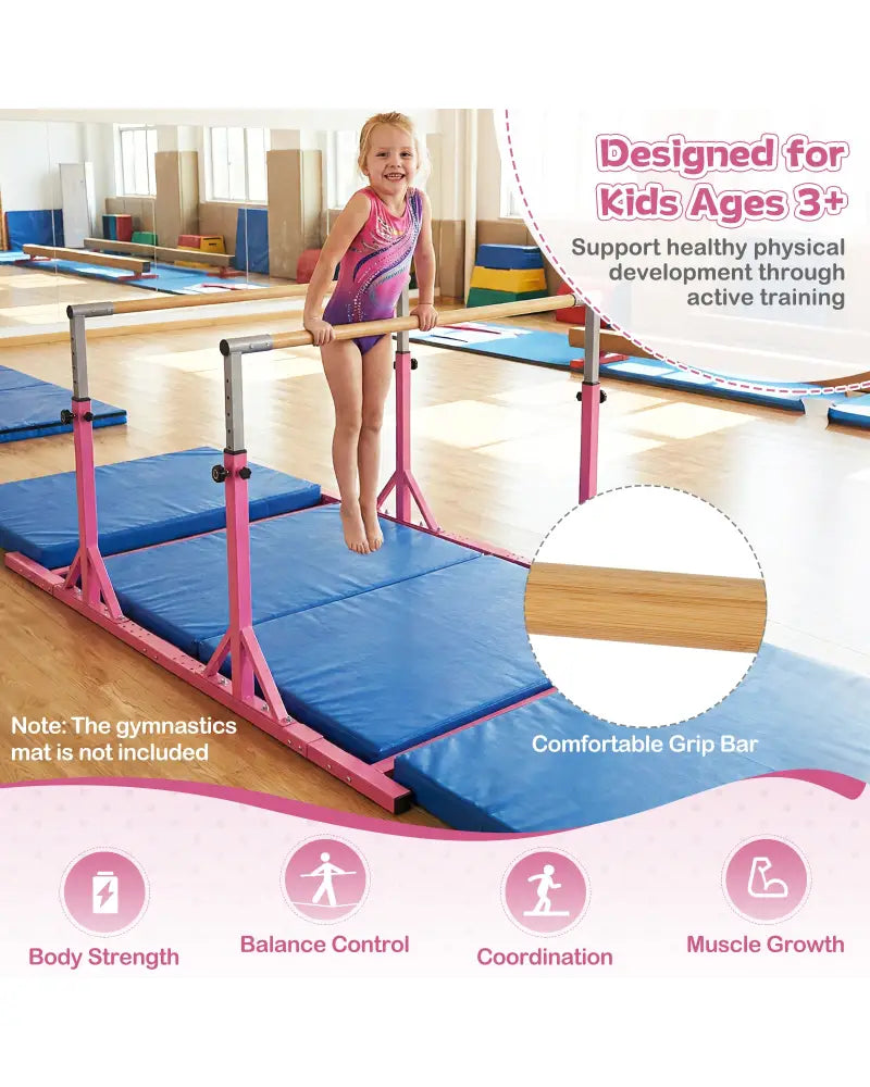 8 FT Double Horizontal Bars with 13-Level Adjustable Heights and 6-Level Adjustable Width-Pink - Pink - Yoga Accessories