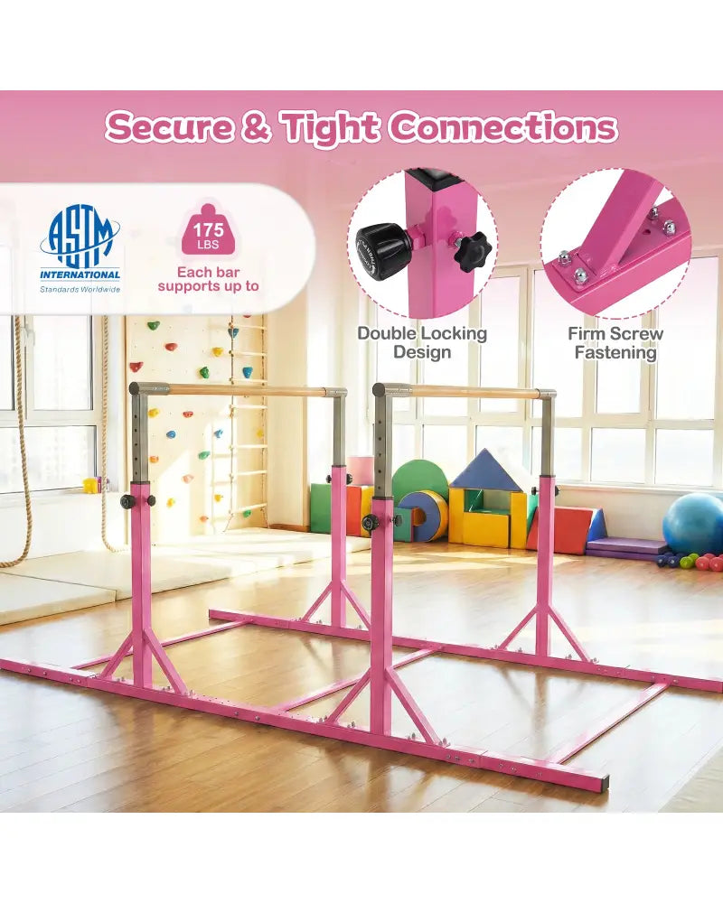 8 FT Double Horizontal Bars with 13-Level Adjustable Heights and 6-Level Adjustable Width-Pink - Pink - Yoga Accessories