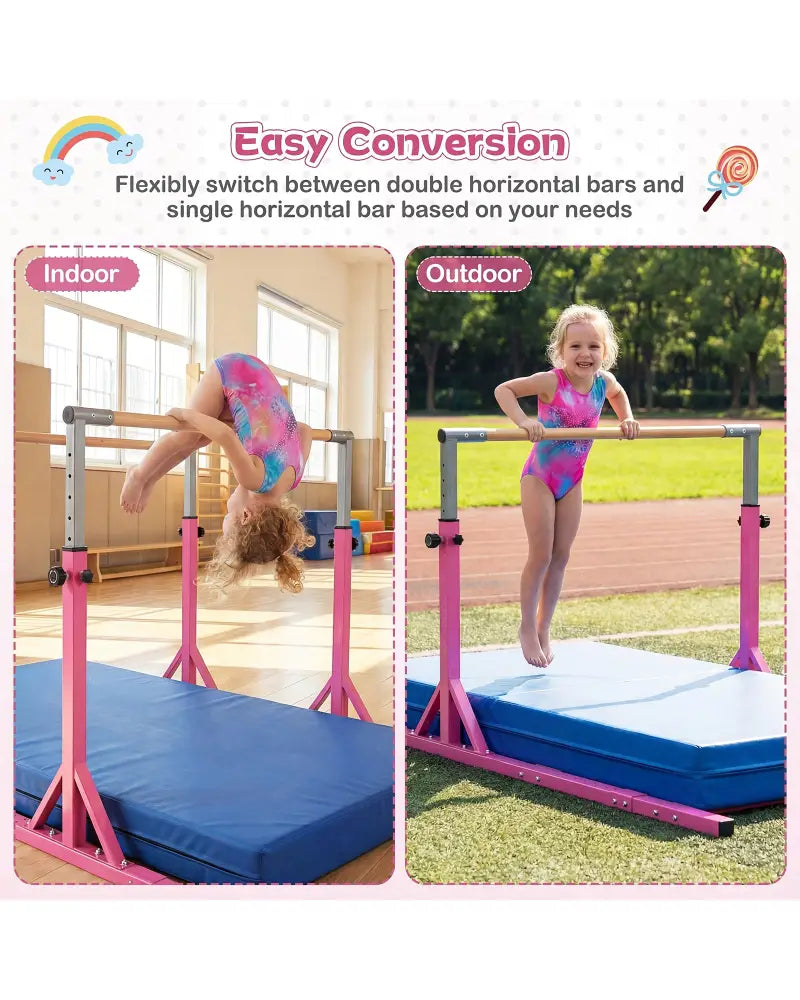 8 FT Double Horizontal Bars with 13-Level Adjustable Heights and 6-Level Adjustable Width-Pink - Pink - Yoga Accessories