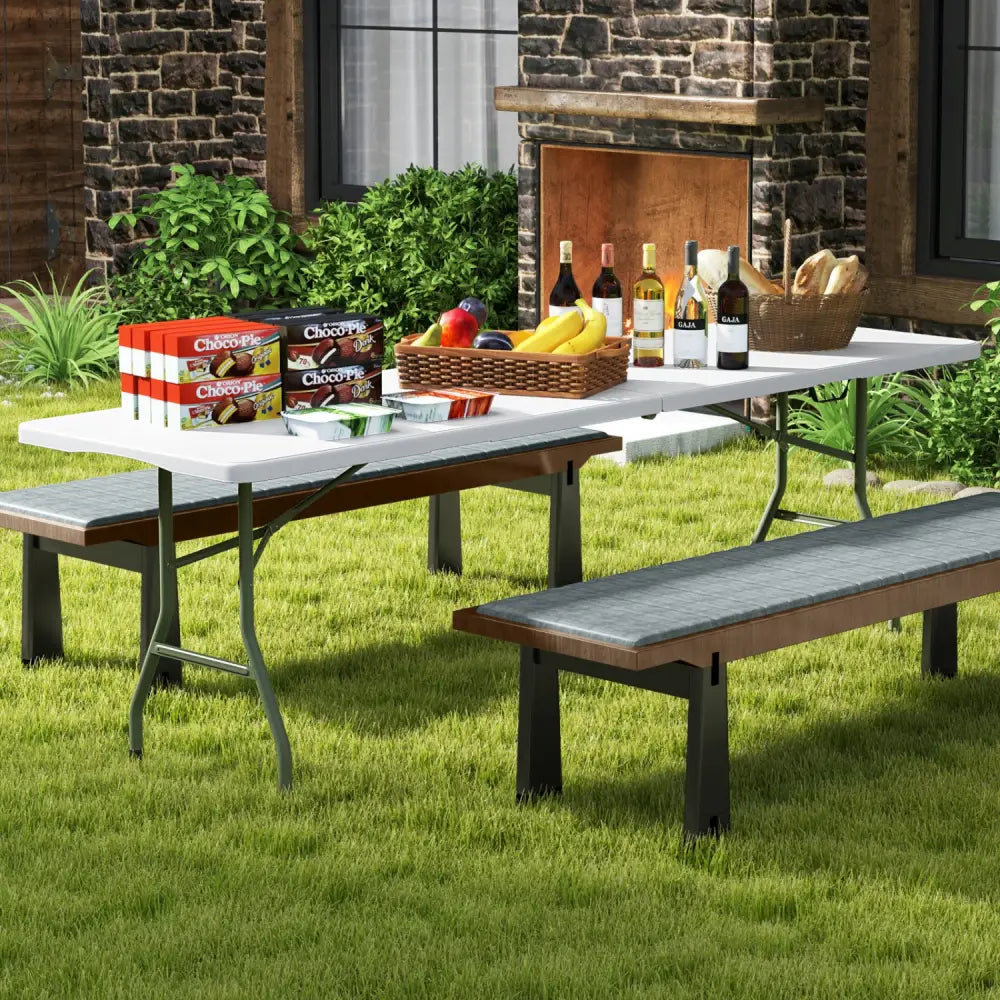 8 ft Portable Folding Table 350 LBS Fold-in-Half Table with HDPE Tabletop-White - White - Camping Furniture