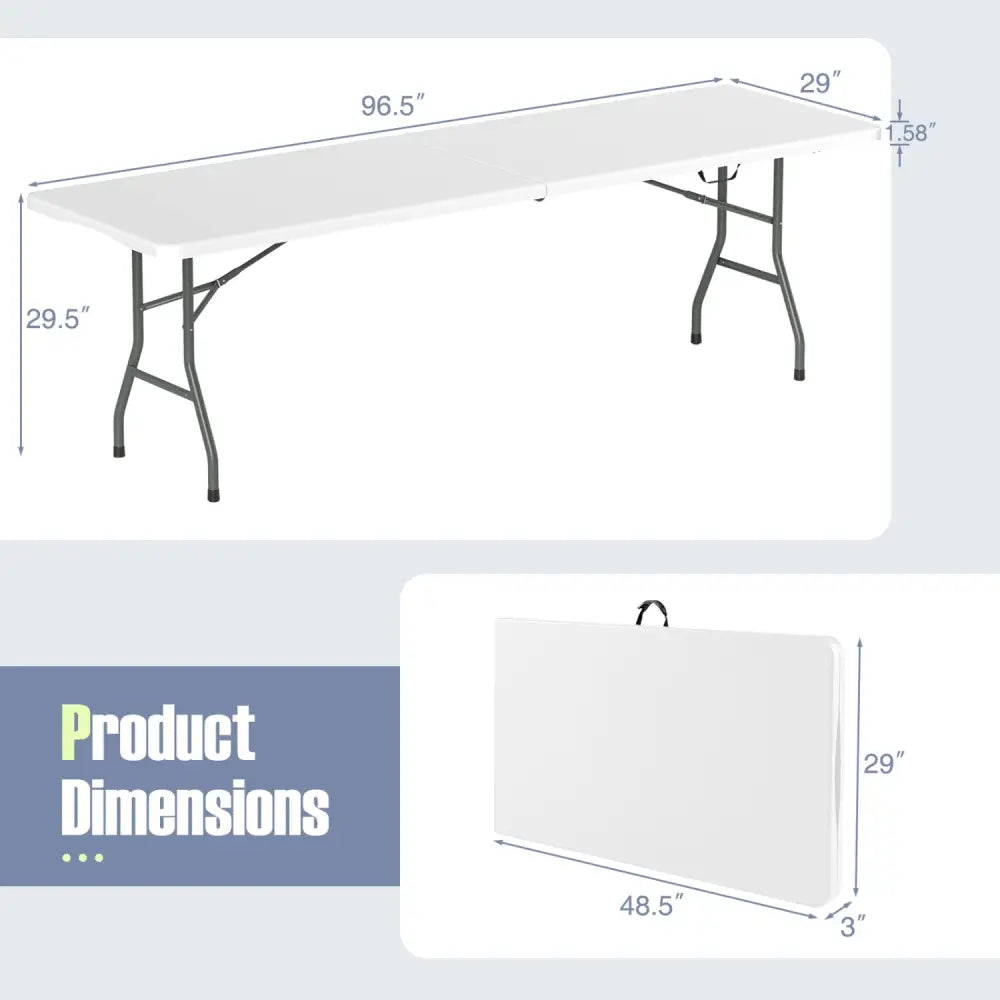 8 ft Portable Folding Table 350 LBS Fold-in-Half Table with HDPE Tabletop-White - White - Camping Furniture