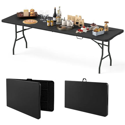 8 ft Portable Folding Table 350 LBS Fold-in-Half Table with HDPE Tabletop-Black - Black - Camping Furniture