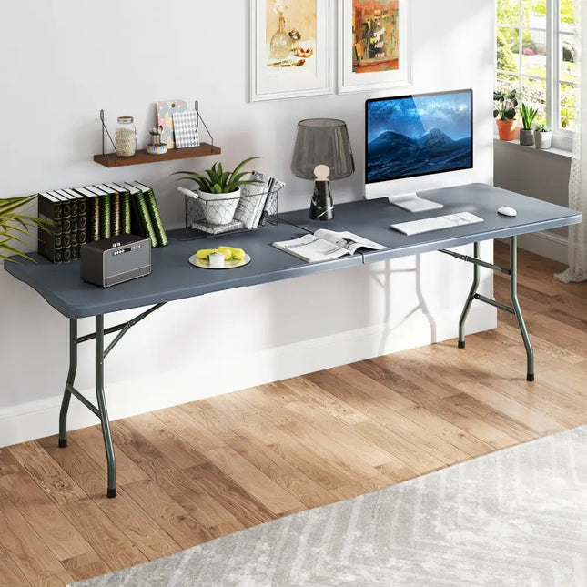 8 ft Portable Folding Table 350 LBS Fold-in-Half Table with HDPE Tabletop-Gray - Gray - Camping Furniture