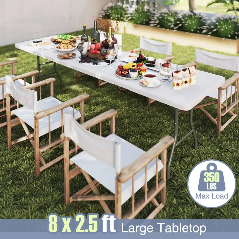 8 ft Portable Folding Table 350 LBS Fold-in-Half Table with HDPE Tabletop-White - White - Camping Furniture