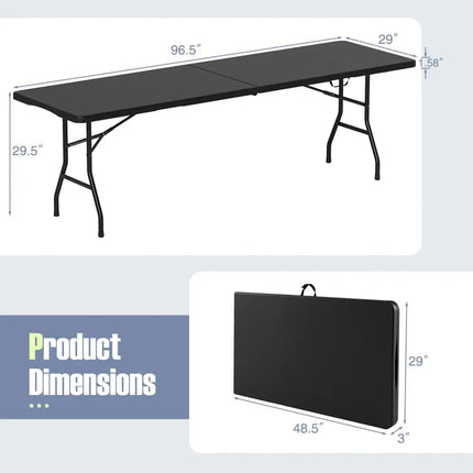 8 ft Portable Folding Table 350 LBS Fold-in-Half Table with HDPE Tabletop-Black - Black - Camping Furniture