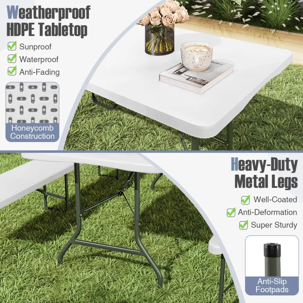 8 ft Portable Folding Table 350 LBS Fold-in-Half Table with HDPE Tabletop-White - White - Camping Furniture