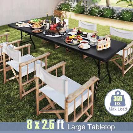 8 ft Portable Folding Table 350 LBS Fold-in-Half Table with HDPE Tabletop-Black - Black - Camping Furniture