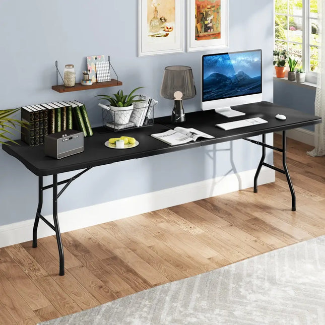 8 ft Portable Folding Table 350 LBS Fold-in-Half Table with HDPE Tabletop-Black - Black - Camping Furniture