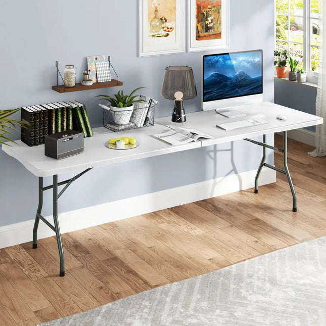 8 ft Portable Folding Table 350 LBS Fold-in-Half Table with HDPE Tabletop-White - White - Camping Furniture