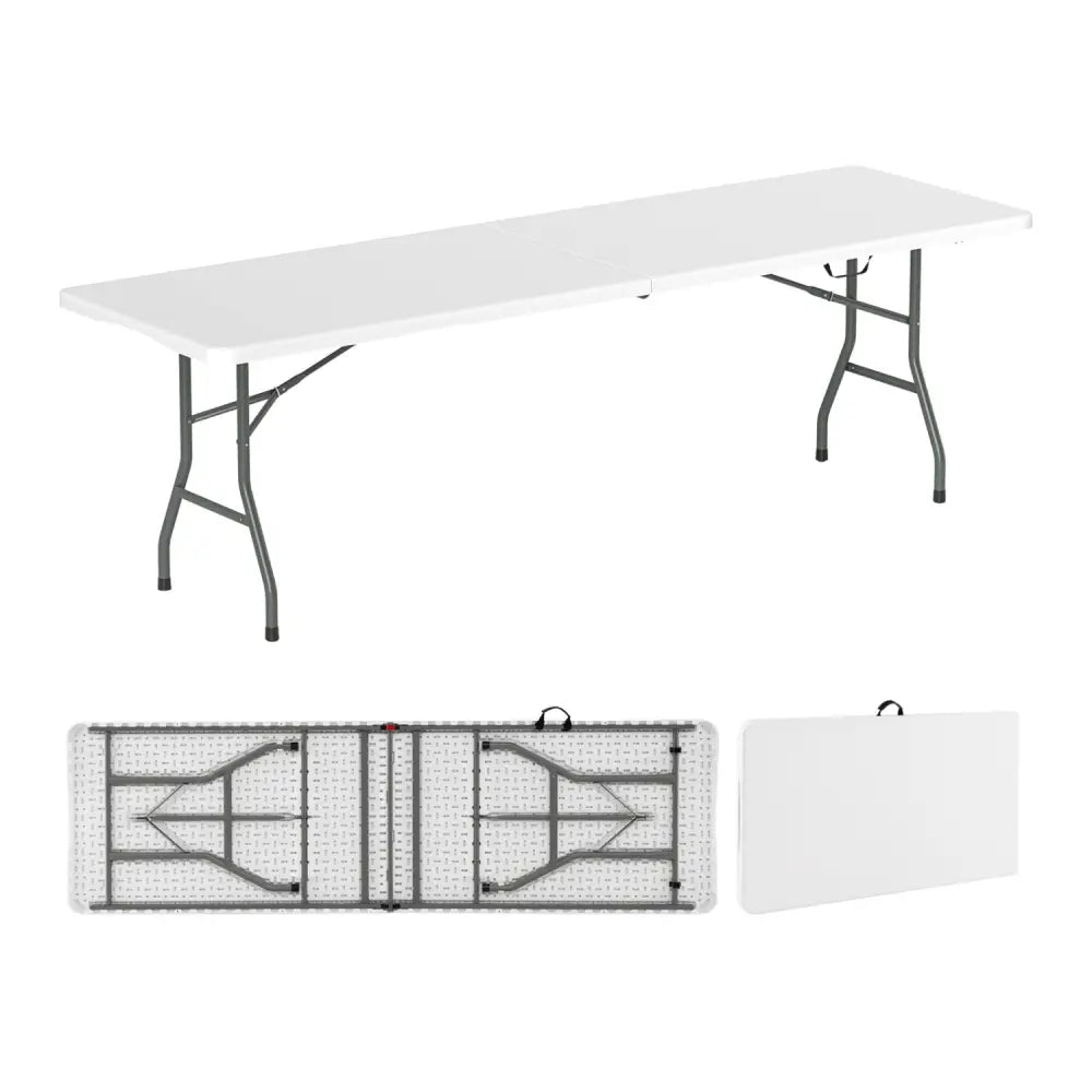 8 ft Portable Folding Table 350 LBS Fold-in-Half Table with HDPE Tabletop-White - White - Camping Furniture