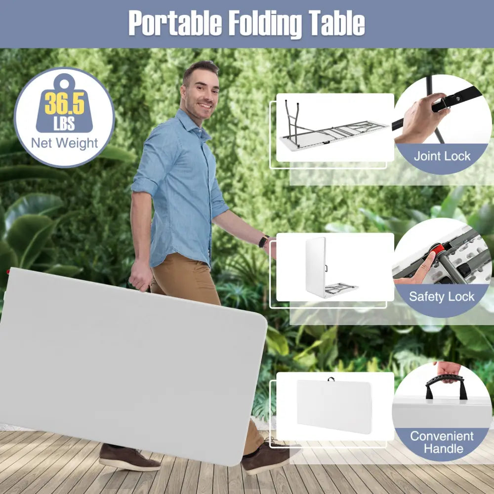 8 ft Portable Folding Table 350 LBS Fold-in-Half Table with HDPE Tabletop-White - White - Camping Furniture