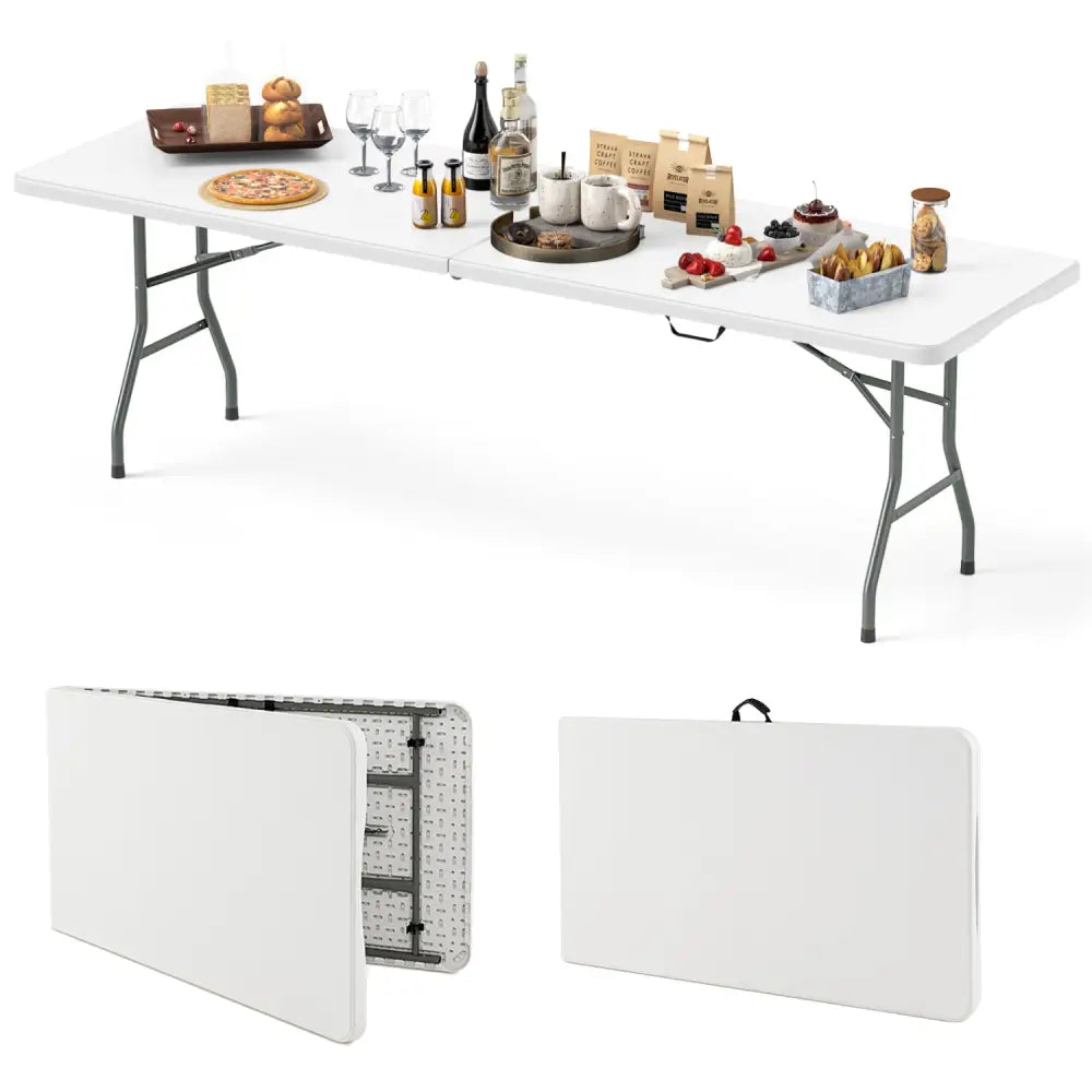 8 ft Portable Folding Table 350 LBS Fold-in-Half Table with HDPE Tabletop-White - White - Camping Furniture