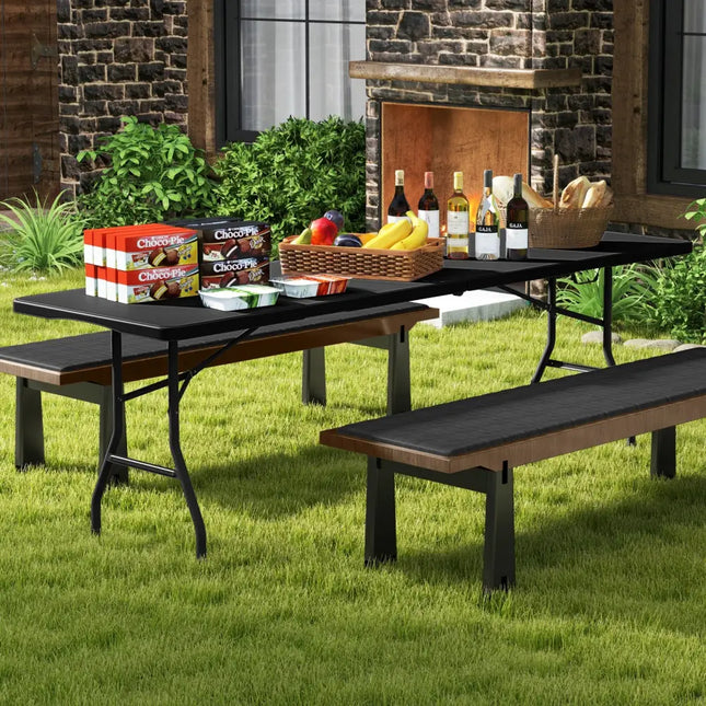 8 ft Portable Folding Table 350 LBS Fold-in-Half Table with HDPE Tabletop-Black - Black - Camping Furniture
