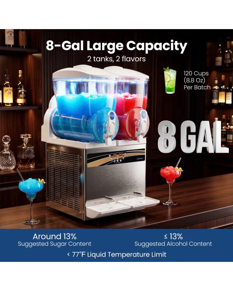 8 Gal Commercial Slushie Machine with LED Lights-Silver - Silver - Slushie Machine
